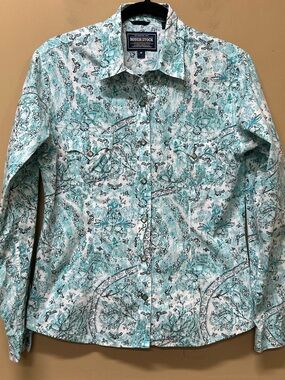 Panhandle Rough Stock Shirt Womens Medium Teal Blue White Snap Western Rodeo